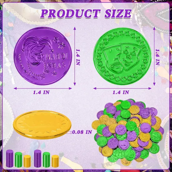 200 PCS Mardi Gras Decorations, 1.4 in Purple Gold Green Fake Coins, Crown Masks Pattern Mardi Gras Gold Coins Plastic Coins Leprechaun Gold Coins, Mardi Gras Table Decorations Costume Accessories {2}