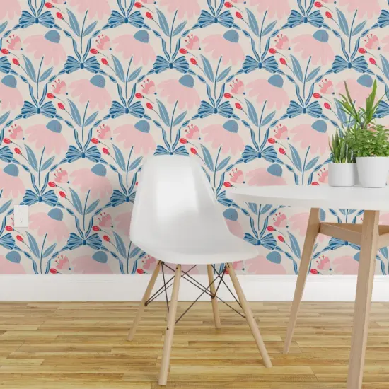 Peel & Stick Wallpaper 2FT Wide Preppy Coastal Blue Pink Botanical Floral Ribbons Bows Custom Removable Wallpaper by Spoonflower {1}
