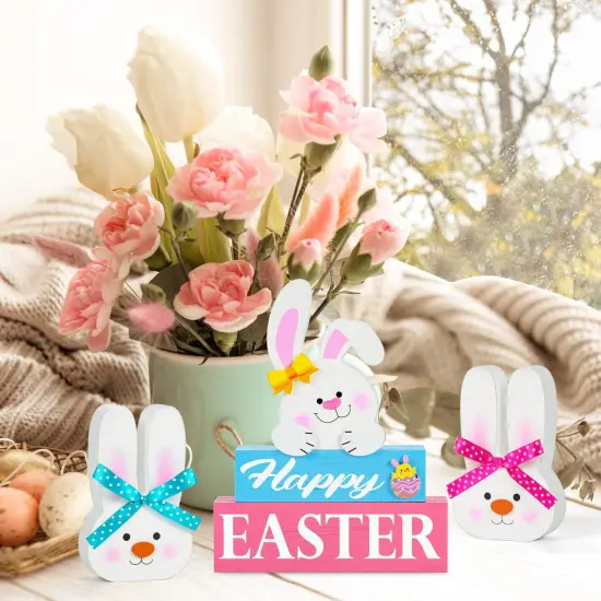 5 Pcs Easter Decorations for the Home Happy Easter Bunny Wooden Block Table Sign with 2 Wooden Easter Bunny Table Decor Set Rustic Spring Table Easter Decorations for Easter Holiday Tabletop Party {5}