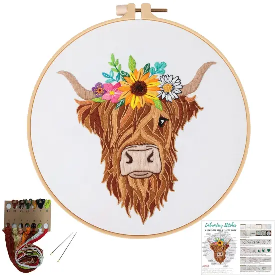 Animal Embroidery Kits for Beginners with Highland Cow Pattern,Adults Starter Cross Stitch Kit DIY Needlepoint {1}