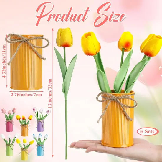 6 Sets Spring Tables Centerpieces Easter Office Decorations Artificial Tulip with Galvanized Metal Pot Colorful Artificial Tulips Flowers Decoration for Home Office Wedding Party Baby Shower {4}