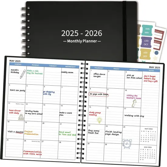 Monthly Planner 2025-2026 (7.4'' x 9.6''), 2025 Calendar 18 Months Planner from Jan 2025-Jun 2026, Academic Planner with Monthly Tabs & Pocket, Perfect for School & Work, 120GSM Thick Paper, Black {1}