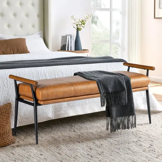 48.25"W Modern Brown Upholstered Bench with Wooden Arms and Metal Legs {1}
