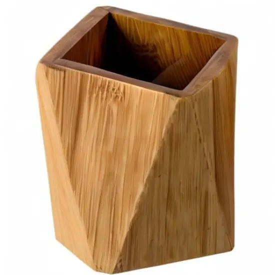 Bamboo Wood Pen Holder Stand for Desk Geometric Pencil Cup Pot Cute Desktop Office Supplies, Makeup Brushes Organizer (Bamboo) {2}