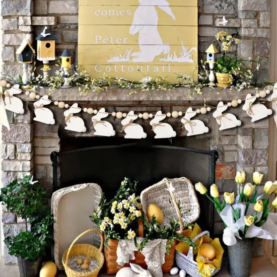 Bunny Chorus Easter Decorations Garlands, Cute Easter Bunny with Wooden Beads Garland, Rustic Easter Banner for Wall Home Indoor Outdoor Spring Decor Supplies {2}