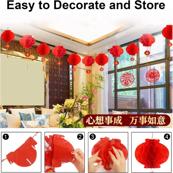 16 Pieces Lunar Chinese Round Hanging Red Paper Lanterns Decorations for 2025 New Year Spring Festival Party Decor - Wedding and Restaurant {5}