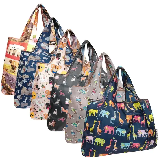 Wrapables Large Foldable Tote Nylon Reusable Grocery Bags, 6 Pack, Precious Pets {1}