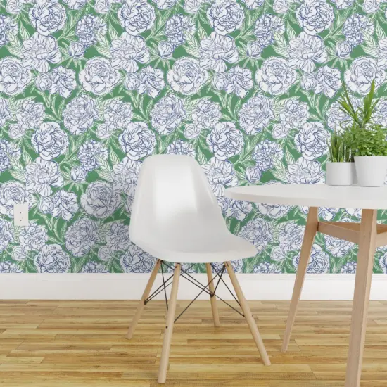Peel & Stick Wallpaper 2FT Wide Blue Preppy Floral Peony Flowers Green Botanical Modern Lines Garden Spring Grandmillennial Custom Removable Wallpaper by Spoonflower {1}