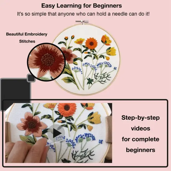 4 Sets Embroidery Kit for Beginners with Stitch Video, Flower Cross Stitch Kits for Adults, Starter, Hand Craft Lover Practice with Floral Stamped Pattern, 2 Hoops, Needles, Scissors, Tools {4}