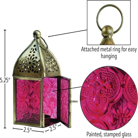 In the Breeze 9200 &mdash; Pink Mini Square Tealight Lantern &mdash; Moroccan-Style Boho Chic Tealight Glass and Metal Tabletop Lantern {5}