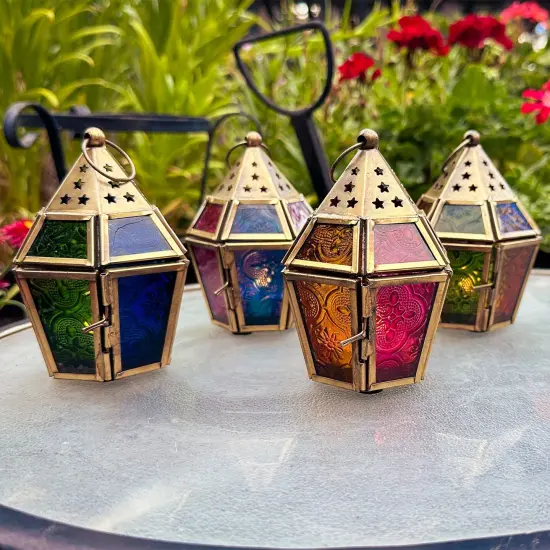 In the Breeze 9204 &mdash; Pink & Yellow Mini Hex Tealight Lantern &mdash; Moroccan-Style Boho Chic Tealight Glass and Metal Tabletop Lantern {4}