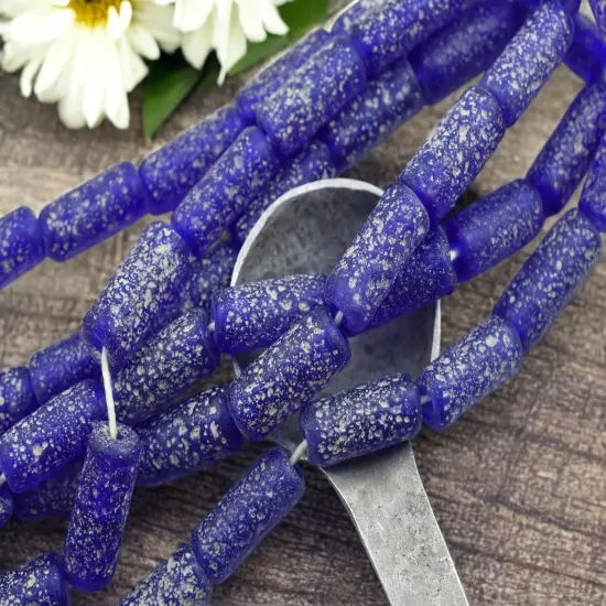10x25mm Matte Cobalt Blue Pompeii Tube Beads (18" Strand) - Indonesian Glass Beads {2}