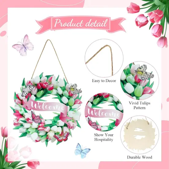 Spring Door Sign Tulips Wreath Summer Decoration 11.8" Welcome Sign Spring Flower Butterfly Wreath Wooden Front Door Hanger Home Wall Decor Farmhouse Indoor Outdoor {3}