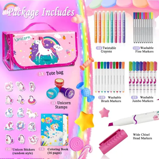 Washable Fruit Scented Markers Set with Unicorn Mermaid Pencil Case 56 PCS Art Supplies {2}