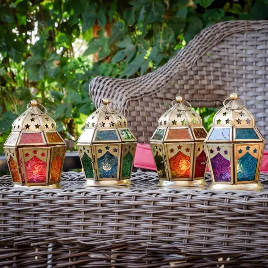 In the Breeze 9209 — Blue & Green Hex Tealight Lantern — Moroccan-Style Boho Chic Tealight Glass and Metal Tabletop Lantern {4}