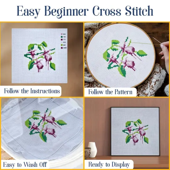 Floral Stamped Cross Stitch Kits for Beginners - 3 Pack. DIY Embroidery Needlepoint Patterns for Adults and Kids. Easy Cross Stitch Kits for Beginners (Blue Flowers, Forget Me Not & Fuschia) {6}