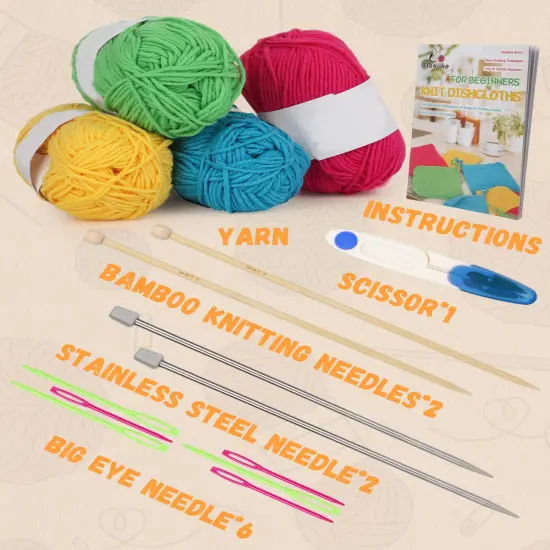 Knitting Kit for Beginners, Complete Beginner Knitting Kit Easy Knitting Set Including Knitting Needles Set Cotton Yarn, Learn to Knit Dishcloth with Step-by-Step Instructions, Colorful {4}