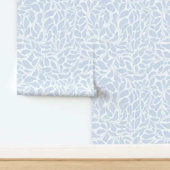 Pre-Pasted Wallpaper 2FT Wide Serene Botanical Coastal Leaves Modern Nature Calming Tranquil Blue Pastel Flora Custom Pre-pasted Wallpaper by Spoonflower {2}