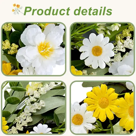 Artificial Spring Wreath 22 Inch Spring Wreaths for Front Door Summer Wreath with White Yellow Daisy {4}