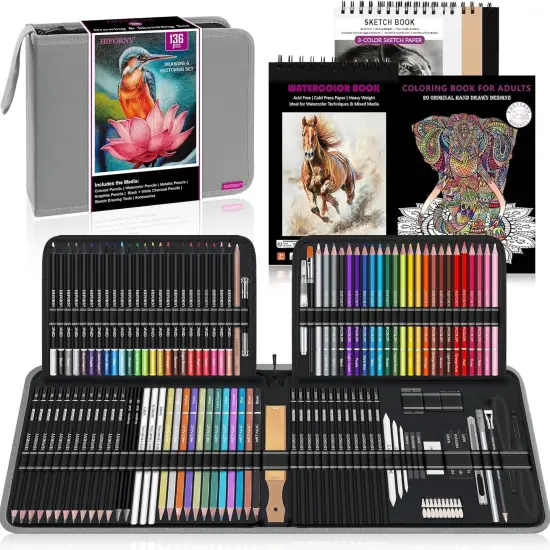 136 PCS Drawing & Sketching Set,Pro Art Supplies with Graphite,Charcoal,Colored,Watercolor Book and Coloring Book {1}