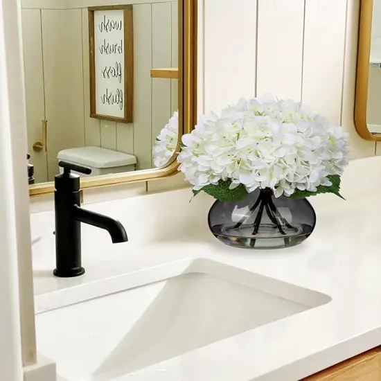 Hydrangea Artificial Flowers with Glass Vase White Silk Faux Flowers Arrangements with Faux Water Fake Floral Bulk Bouquet for Home Decor Table Centerpiece Decorations {3}