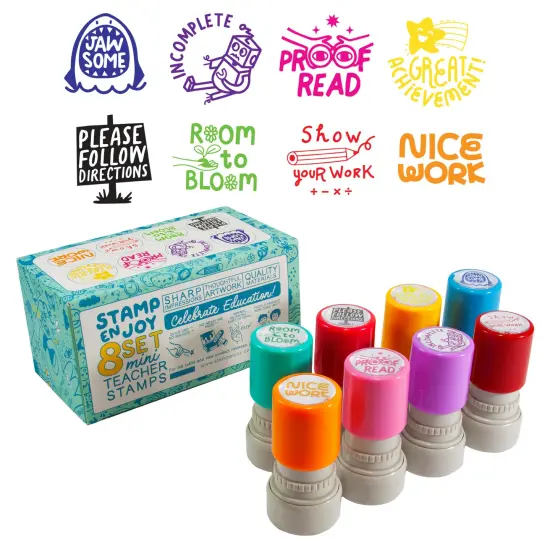 Stamp Enjoy - 8 Self-Ink Flash Stamp Set, Multicolor Teacher Stamps, Office Stationery Stamps, Pre-Inked, Refillable Stamps {7}