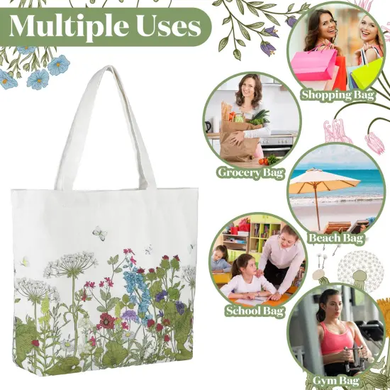 2 Pcs 2 Pcs Spring Canvas Tote Bags Floral Tote Bag Cute Aesthetic Wildflower Herbs Reusable Grocery Bags for Women (Classic) {4}