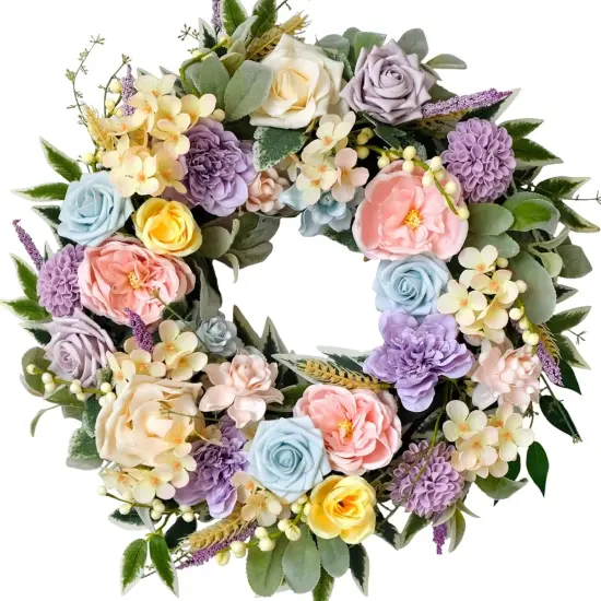 Spring Summer Wreath for Front Door 22 Inch Artificial Floral Wreath with Roses Peonies Hydrangeas Leaves for Door Wall Decoration Wedding Party Home Farmhouse Decoration {1}