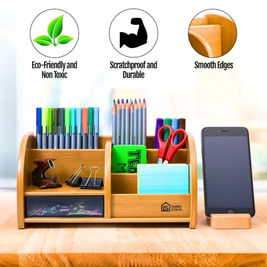 Desktop Organizer with Double-Slot Cell Phone Holder, Wooden Multifunctional Desk Storage Box with Drawer for Work from Home Office Supplies, Students, Desk Accessories, Phone Stand, Charging Station {6}