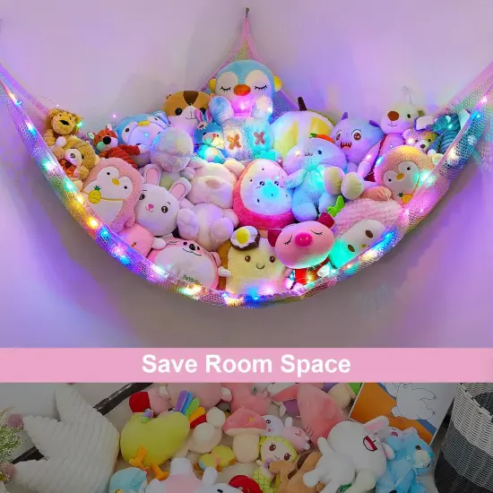 Castle Stuffed Animals Net or Hammock Kids Toy Storage Organizer with LED Light Hanging Corner Stuffed Animals Holder Kids Girls Room Decor(Pack of 1) {3}