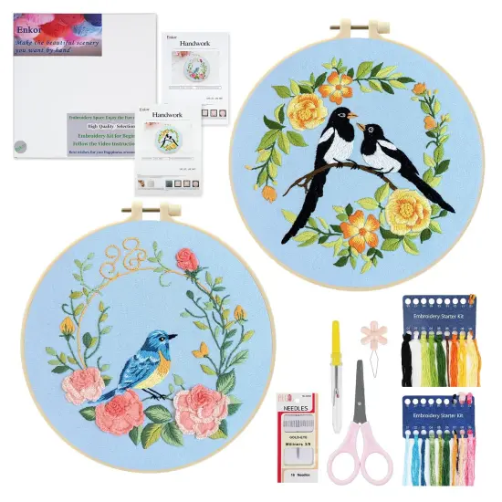 Embroidery Kit for Beginners Adults,Bird-Hummingbird Embroidery Kit Cross Stitch Kits for Beginner Easy to Learn Stitches Instruction Video Stamped Embroidery Pattern Flowers B2-2 Sets {1}