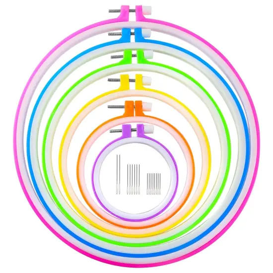 Caydo 6 Pieces Embroidery Hoops and 15 Needles, Plastic Circle Cross Stitch Hoop Ring Embroidery Circle Set, 3.4 inch to 10.4 inch (Multicolor) {1}