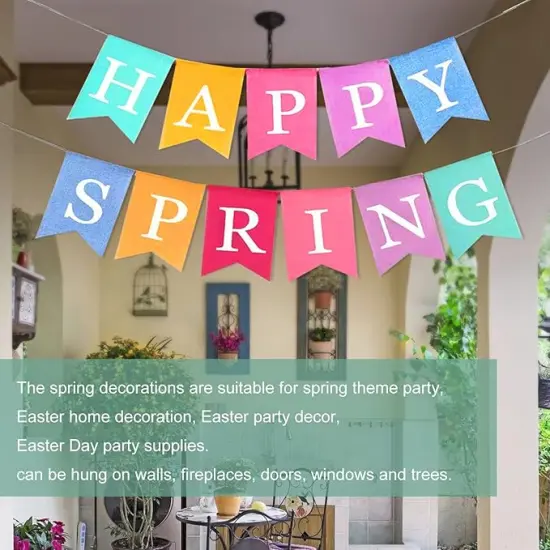 Hello Spring Banner Burlap Happy Spring Decorations Felt Easter Decor Garland Spring Themed Party Supplier for Mantle Office Classroom {2}