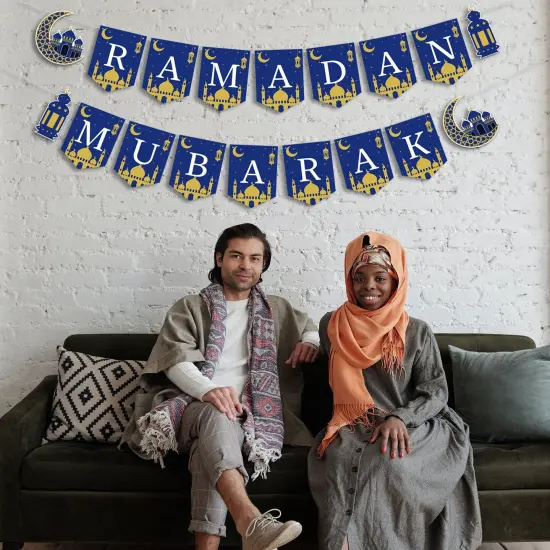 Ramadan Mubarak Banner Muslim Ramadan Mubarak Bunting Banner Garland with Lantern Moon Castle Sign Eid Mubarak Festival Celebration Party Decorations for Mantle Fireplace Wall Party Supplies {4}