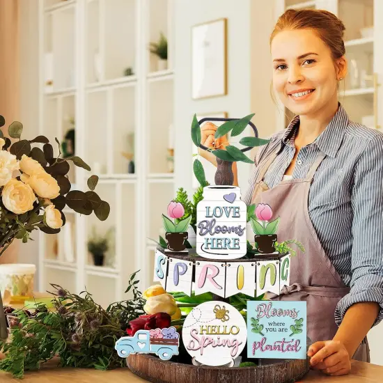 12 Pcs Spring Tray Decor Set Hello Spring Decor Wooden Truck Tulip Flower Table Signs Rustic Farmhouse Spring Decorations for Home Kitchen Tabletop Holiday Party Decor {4}