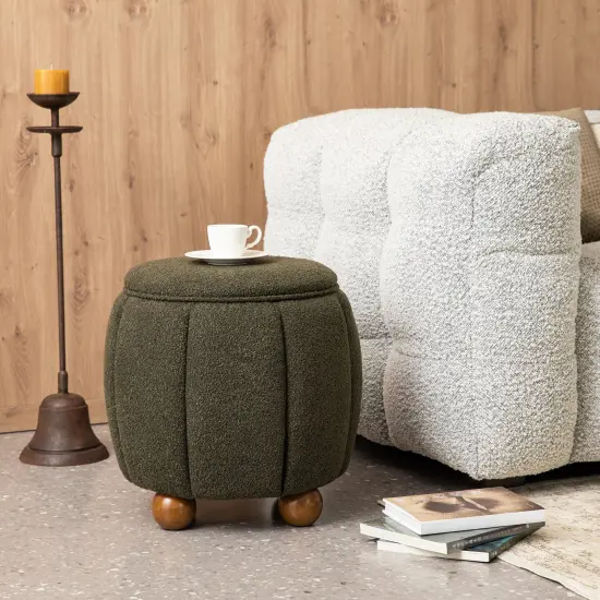 19"H Boucle Upholstered Storage Ottoman Stool with Rubberwood Feet Green {10}