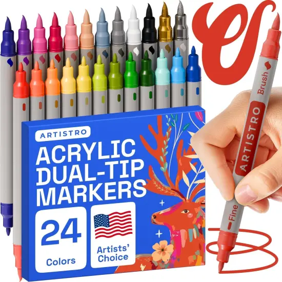 ARTISTRO Dual Tip Acrylic Paint Markers - Easy for All Ages & Levels Acrylic Paint Pens for Fabric, Rocks, Paper, Wood, Canvas, Glass, DIY (Dual Tip Brush + Fine, 24) {1}