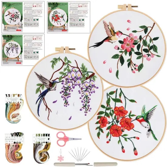 3 Sets Hummingbird Embroidery Kit for Beginners Needlepoint Kits for Adults Cross Stitch Kits with Clear Instructions,Easy Funny Stamped Bird Patterns Fabric Hand Crafts {1}