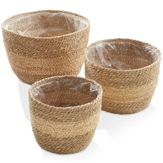 3pc Seagrass Planter Baskets with Liners, Indoor Plant Flower Pot Covers Two-tone {4}