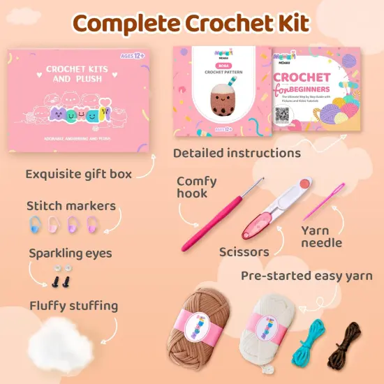 Crochet Kit for Beginners Level 1 with 40% Extra Pre-Started Easy Yarn, Step-by-Step Video Tutorials for Adults and Kids (Boba) {4}