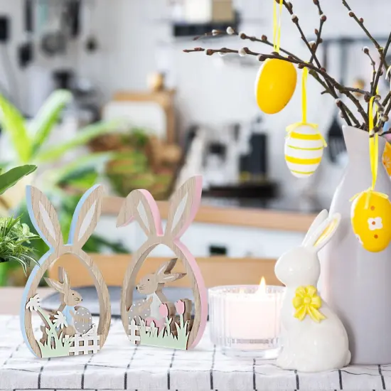 2Pcs Easter Decorations for the Home Farmhouse Rustic Wooden Bunny with Egg Easter Tiered Tray Decor Happy Spring Decoration for Indoor Home Party Easter Tabletop Decoration Easter Gifts for Kids {4}