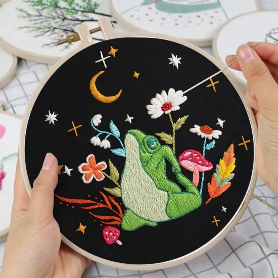 4 Set Frog Embroidery Kits for Beginners,Cross Stitch Kit for Adults,Starters DIY Needlepoint Including Embroidery Cloth with Art Mushroom Pattern and Instructions {4}