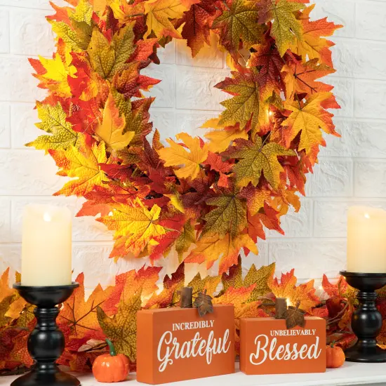 6'L Fall Lighted Maple Leaves Garland & 24"D Fall Lighted Maple Leaves Wreath with Timer {4}