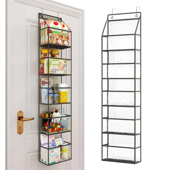 The Door Hanging Pantry Organizer 5-Shelf Room Organizer with Clear Plastic Pockets Behind The Door Storage Organizer Large Capacity Organizer for Closet Bedroom Bathroom (Grey) {3}