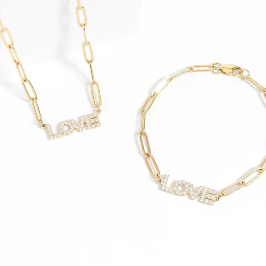 18K Gold PVD Stainless Steel Stone "Love" Paperclip Chain Necklace {6}