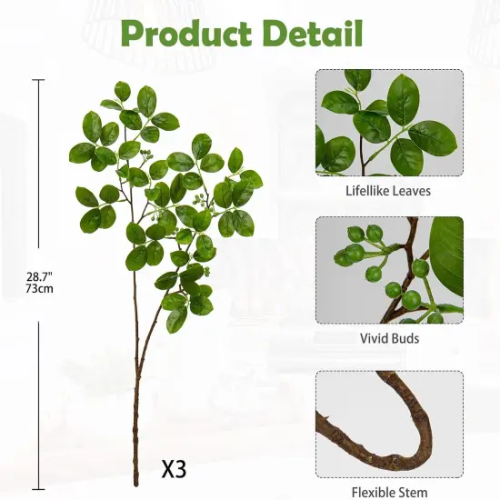3PCS Artificial Greenery Stems Faux Branches for Vase Fake Lagerstroemia Leaves Branches 28.7 Inch Plants Leaf Bushes for Floral Arrangement Bouquets Party Wedding Wall Home Decor Green {2}