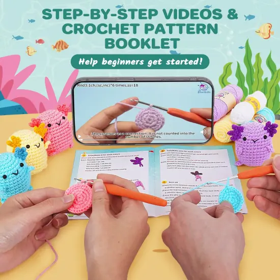 Crochetta Crochet Kit for Beginners, Crochet Starter Kit w Step-by-Step Video Tutorials, Beginner Crochet Kit for Adults Kids Women Men Complete Kit Included (4 Mini Axolotls) {5}