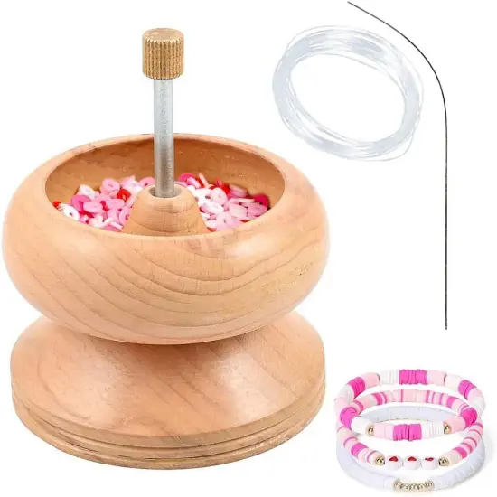 Clay Bead Spinner with Big Eye Beading Needle & 3mtr Wire - Seed Bead Spinner for Jewelry Making Kit - Necklace Bracelet Maker Wooden Birthday Gifts - Pinewood {1}