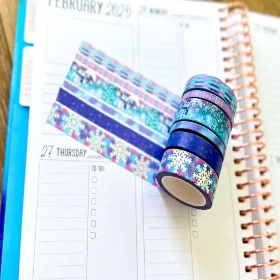 FOILED Silver Snowflakes Snowman Snowmen Snow Pink Purple Blue Washi Tape Set February 2025 - W126 {2}