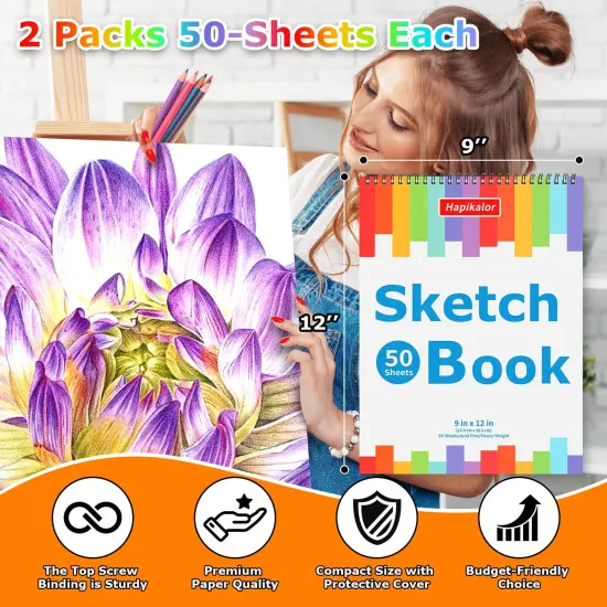 9" x 12" Sketch Book, 2-Pack 50 Sheets Spiral Bound Art Sketchbook, Acid Free Artist Drawing Book Paper, Art Supplies for Adults Kids, Craft Activities, Sketch Art Paper For Drawing Coloring Sketching {3}
